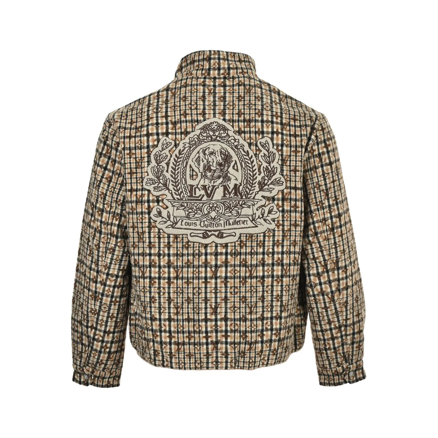 Louis Vuitton jacket with embroidered badges and all-over monogram print.